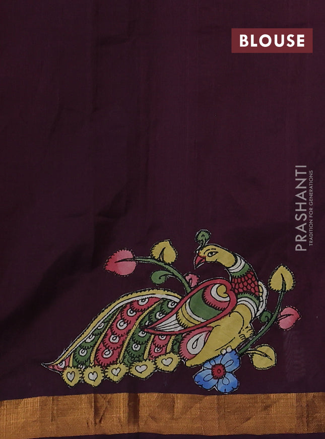Silk cotton saree wine shade with kalamkari applique work and zari woven border