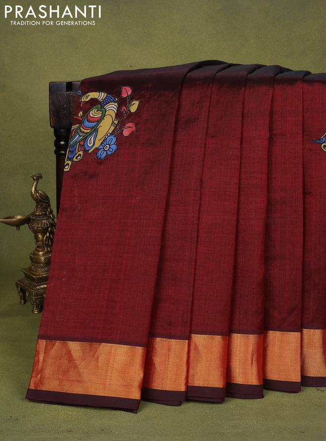 Silk cotton saree deep maroon with kalamkari applique work and zari woven border