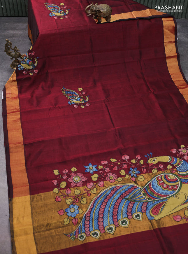 Silk cotton saree deep maroon with kalamkari applique work and zari woven border