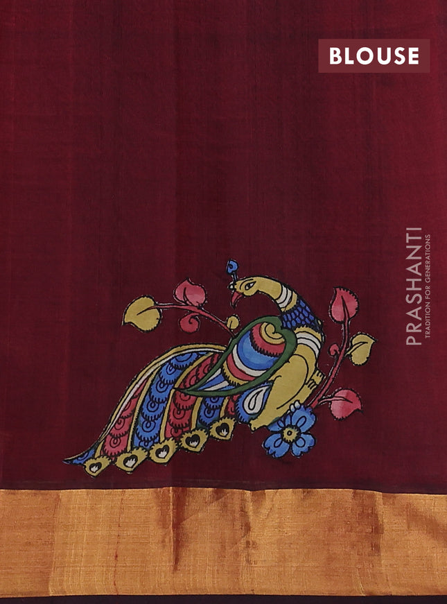Silk cotton saree deep maroon with kalamkari applique work and zari woven border