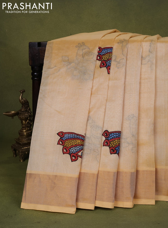 Silk cotton saree sandal with kalamkari applique work and zari woven border