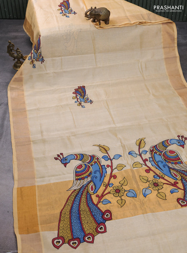 Silk cotton saree sandal with kalamkari applique work and zari woven border