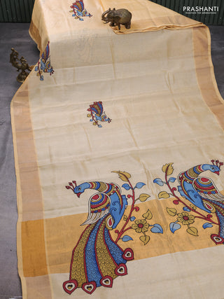 Silk cotton saree sandal with kalamkari applique work and zari woven border