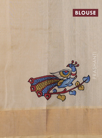 Silk cotton saree sandal with kalamkari applique work and zari woven border