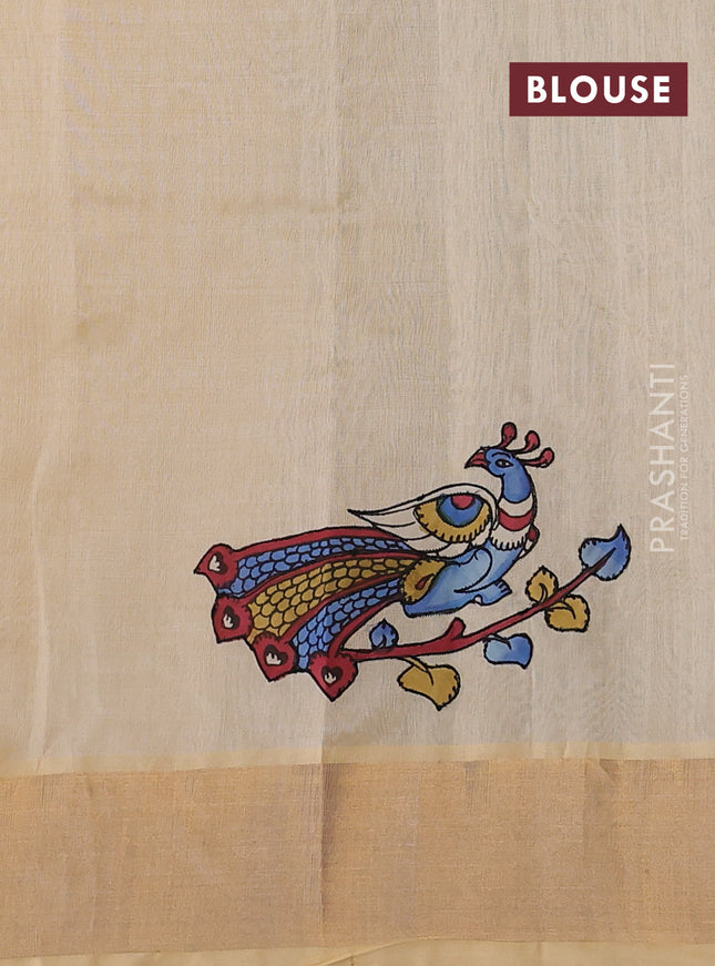 Silk cotton saree sandal with kalamkari applique work and zari woven border