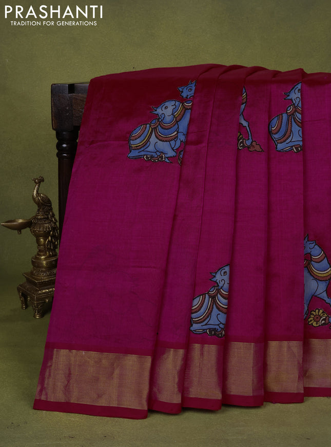 Silk cotton saree pink with kalamkari applique work and zari woven border