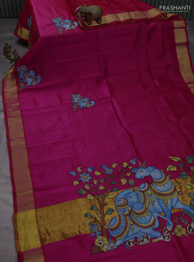 Silk cotton saree pink with kalamkari applique work and zari woven border