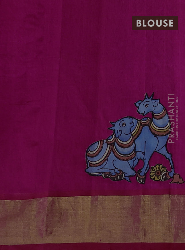 Silk cotton saree pink with kalamkari applique work and zari woven border