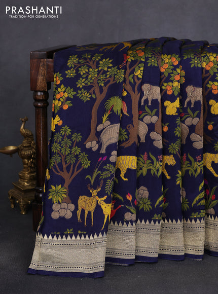 Dola silk saree navy blue with allover shikarga weaves and zari woven border