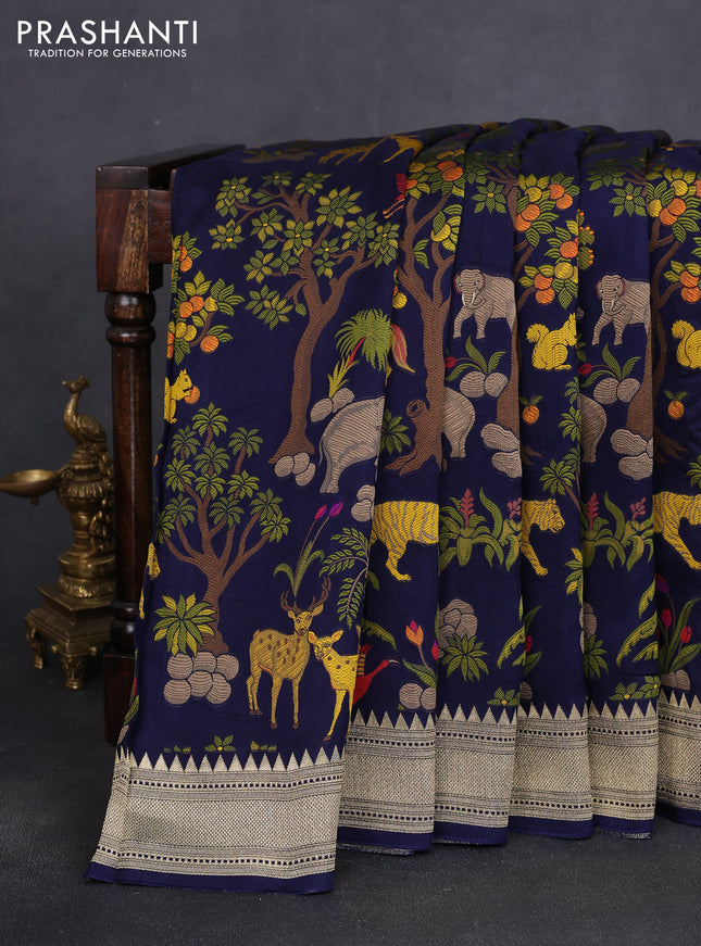 Dola silk saree navy blue with allover shikarga weaves and zari woven border