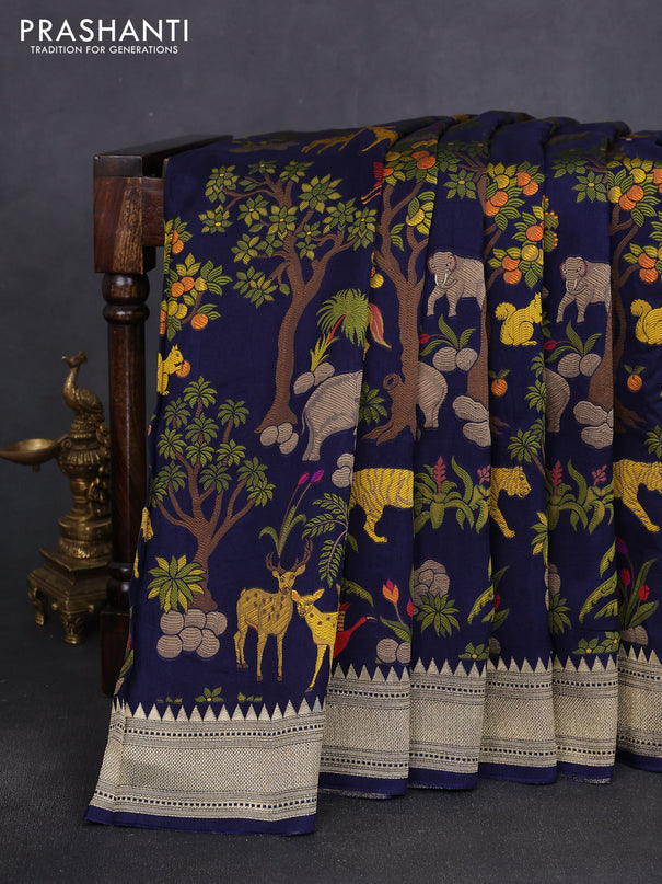 Dola silk saree navy blue with allover shikarga weaves and zari woven border