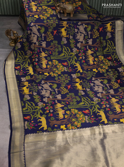 Dola silk saree navy blue with allover shikarga weaves and zari woven border