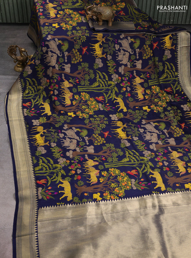 Dola silk saree navy blue with allover shikarga weaves and zari woven border