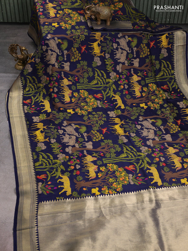 Dola silk saree navy blue with allover shikarga weaves and zari woven border