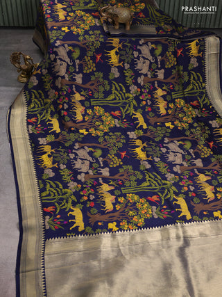 Dola silk saree navy blue with allover shikarga weaves and zari woven border