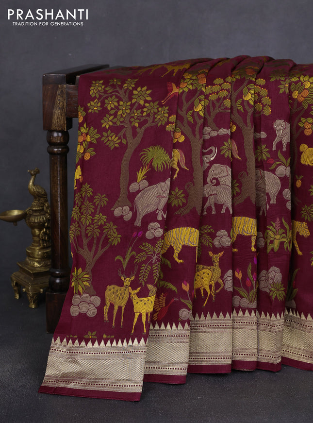Dola silk saree deep maroon with allover shikarga weaves and zari woven border