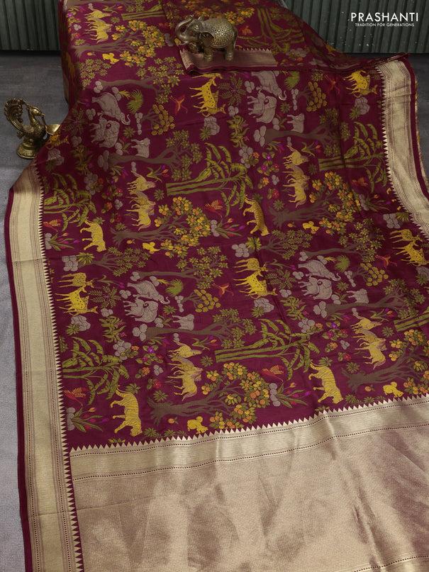 Dola silk saree deep maroon with allover shikarga weaves and zari woven border