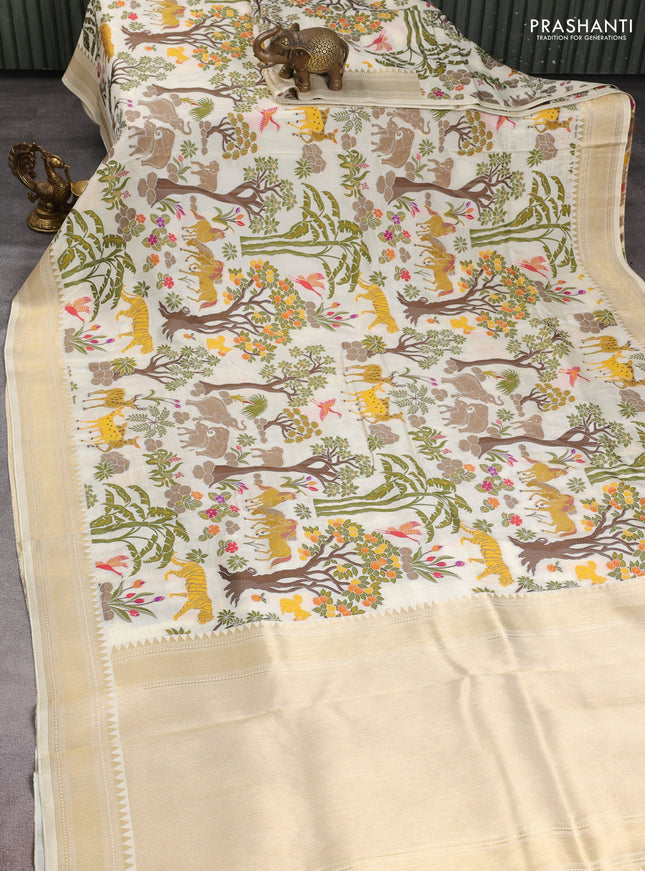 Dola silk saree cream with allover shikarga weaves and zari woven border