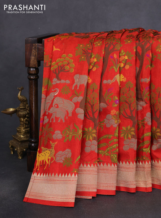 Dola silk saree red with allover shikarga weaves and zari woven border