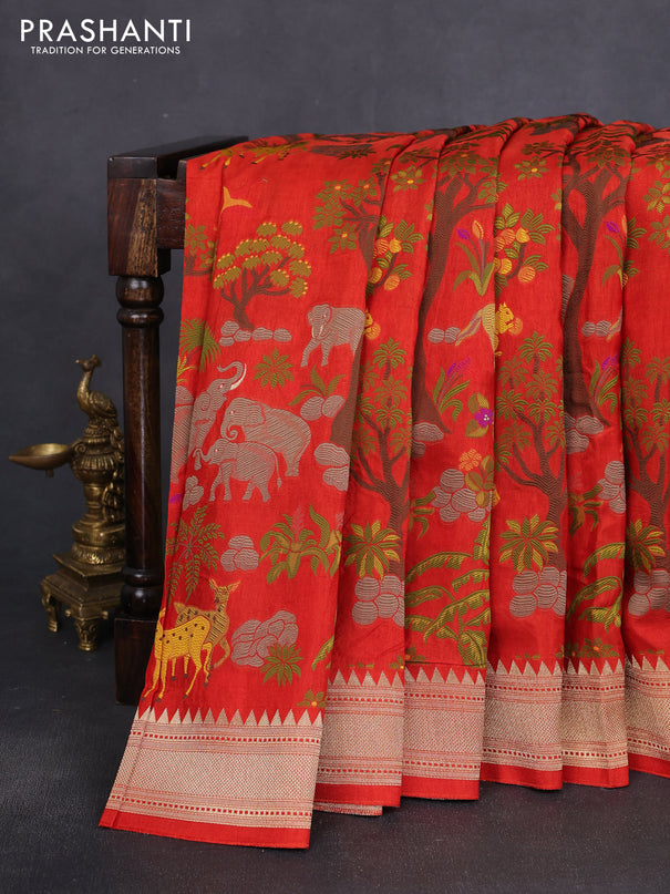 Dola silk saree red with allover shikarga weaves and zari woven border
