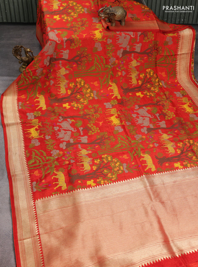 Dola silk saree red with allover shikarga weaves and zari woven border