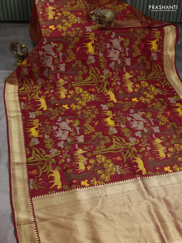 Dola silk saree maroon with allover shikarga weaves and zari woven border