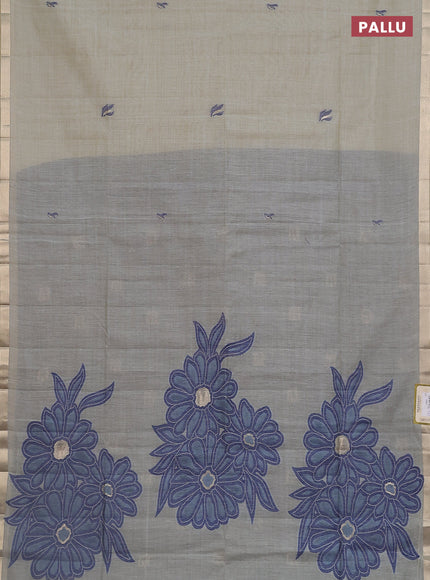 Jamdhani cotton saree beige and navy blue with thread woven buttas and thread weaving pallu