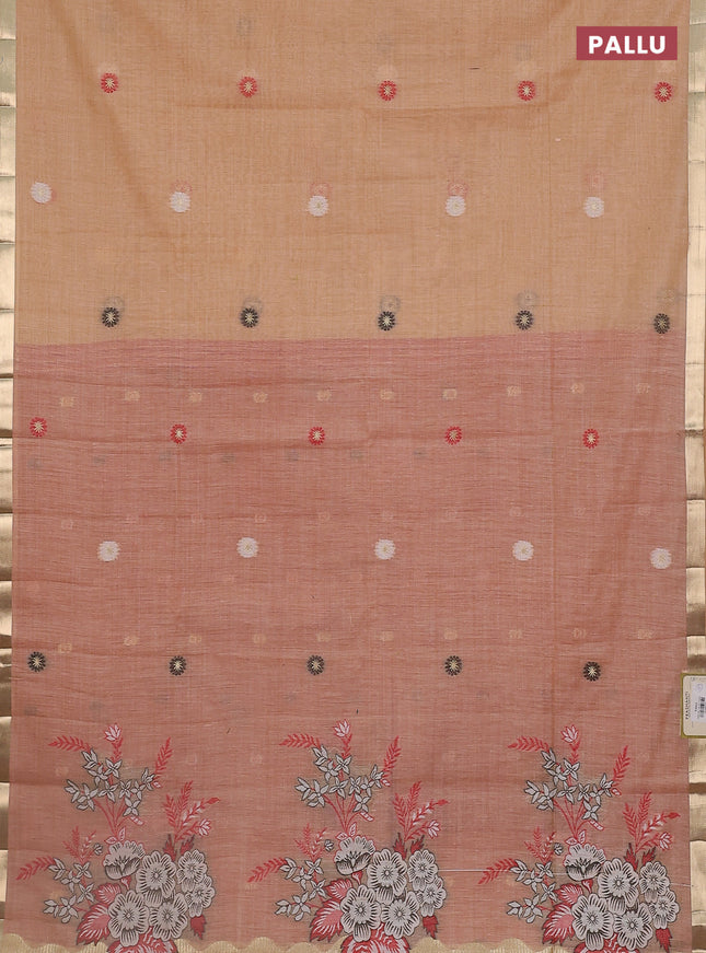 Jamdhani cotton saree peach orange and red with thread woven buttas and thread weaving pallu