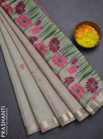 Jamdhani cotton saree greyish green shade with thread woven buttas and thread weaving pallu