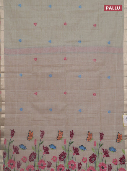 Jamdhani cotton saree greyish green shade with thread woven buttas and thread weaving pallu