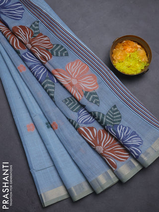 Jamdhani cotton saree blue  and navy blue with thread woven buttas and thread weaving pallu