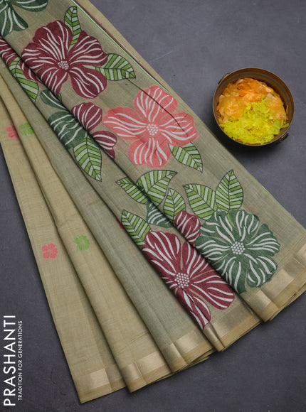 Jamdhani cotton saree green with thread woven buttas and thread weaving pallu