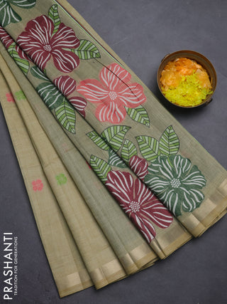 Jamdhani cotton saree green with thread woven buttas and thread weaving pallu