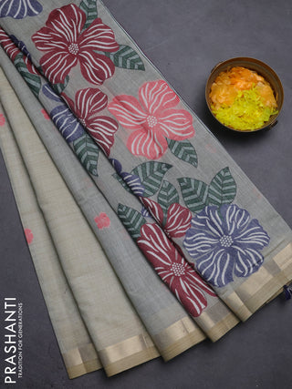 Jamdhani cotton saree sandal and navy blue with thread woven buttas and thread weaving pallu