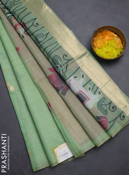 Jamdhani cotton saree pista green and pink with thread woven buttas and pichwai pallu