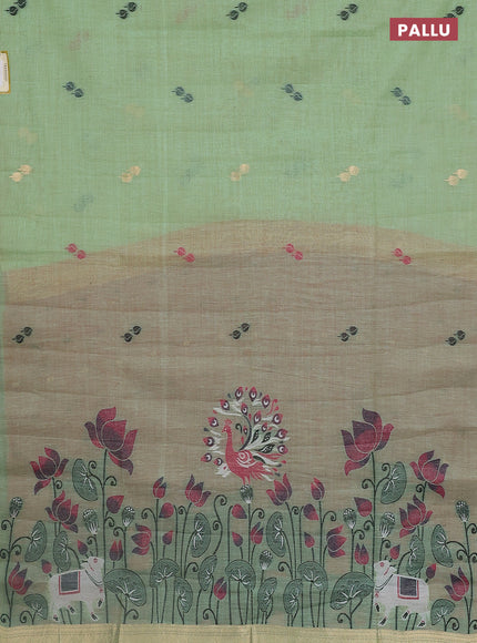 Jamdhani cotton saree pista green and pink with thread woven buttas and pichwai pallu