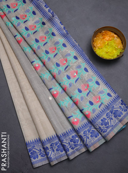 Jamdhani cotton saree beige and navy blue with thread & zari woven buttas and thread weaving pallu