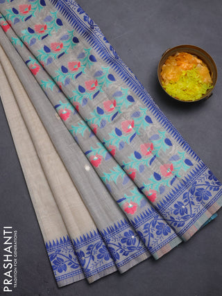 Jamdhani cotton saree beige and navy blue with thread & zari woven buttas and thread weaving pallu