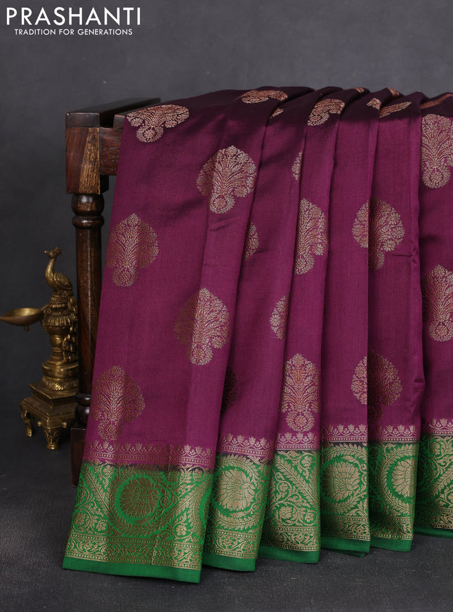 Chiniya silk saree purple and green with thread & zari woven floral buttas and woven border