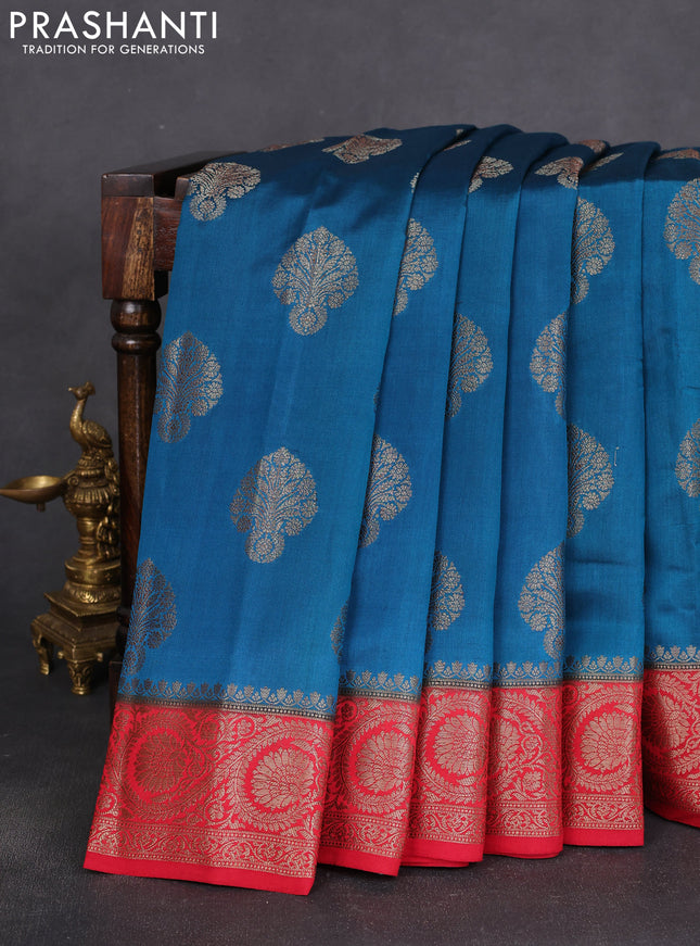 Chiniya silk saree peacock blue and red with thread & zari woven floral buttas and woven border