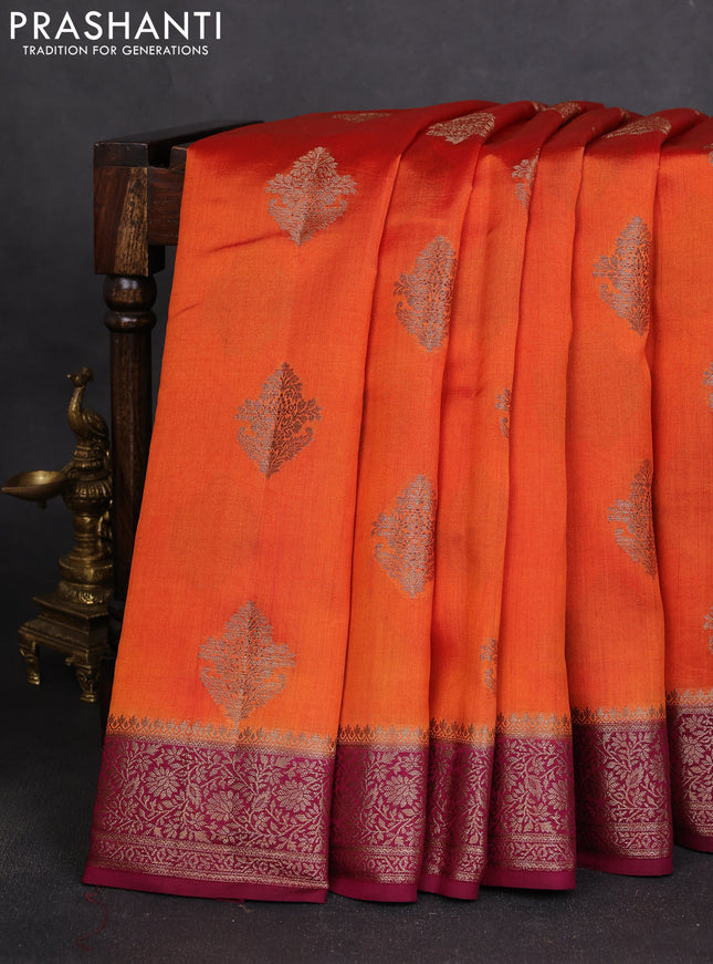 Chiniya silk saree orange and wine shade with thread & zari woven buttas and woven border