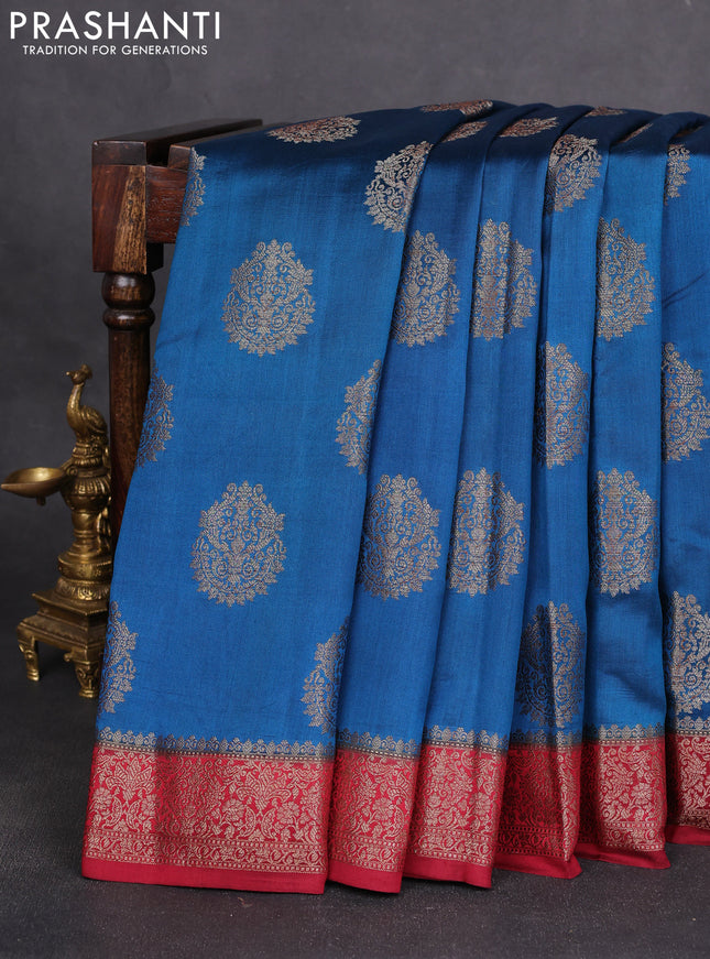 Chiniya silk saree peacock blue and maroon with thread & zari woven buttas and woven border