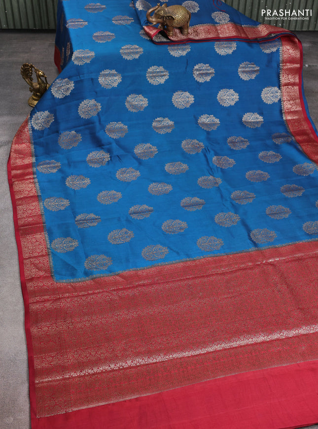 Chiniya silk saree peacock blue and maroon with thread & zari woven buttas and woven border
