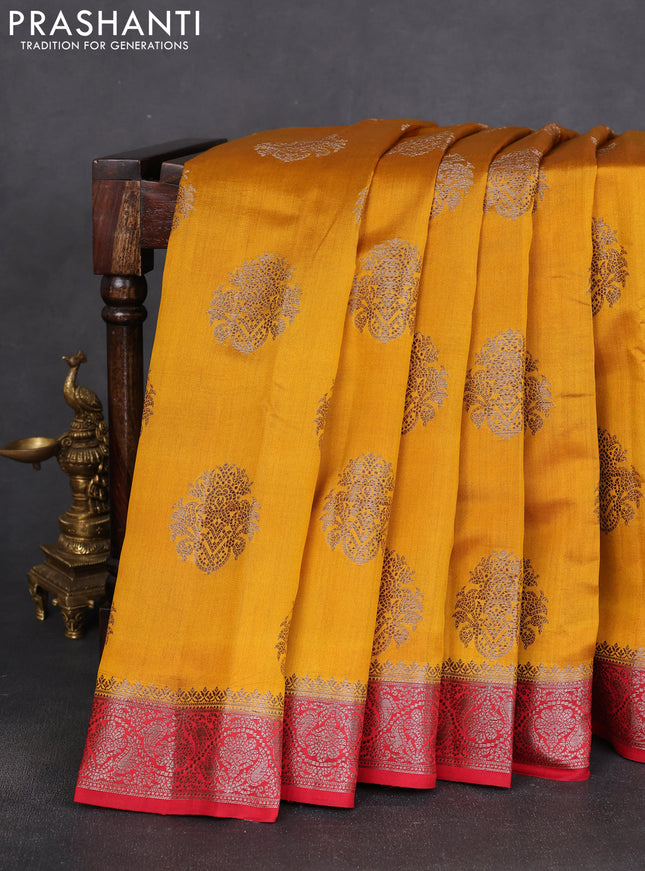 Chiniya silk saree mustard yellow and red with thread & zari woven buttas and woven border