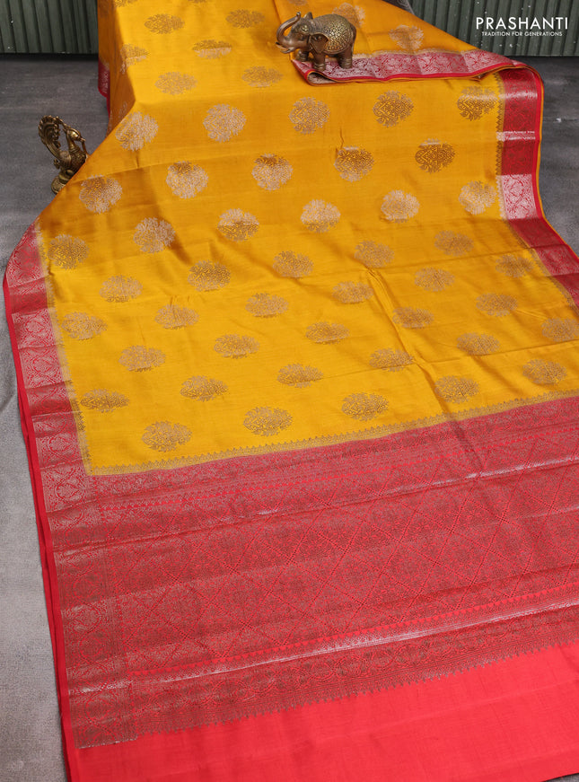 Chiniya silk saree mustard yellow and red with thread & zari woven buttas and woven border