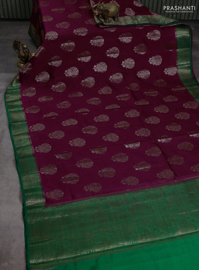 Chiniya silk saree wine shade and green with allover thread & zari weaves and woven border