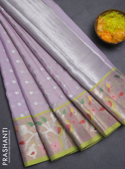 Cotton zari kota saree lavender and light green with allover silver zari woven buttas and thread & zari woven border