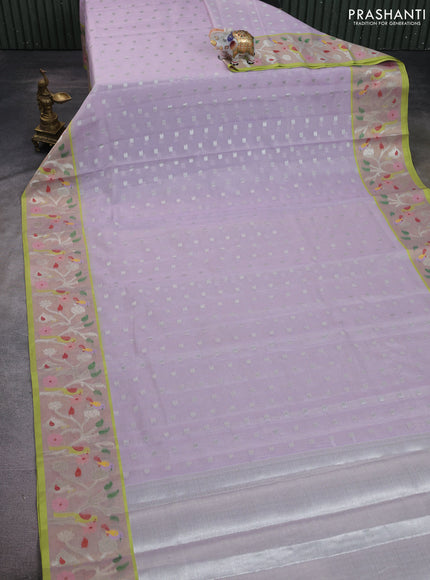 Cotton zari kota saree lavender and light green with allover silver zari woven buttas and thread & zari woven border