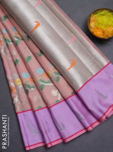 Cotton zari kota saree pale orange and lavender with allover silver & gold zari woven buttas and silver zari woven muniya butta border