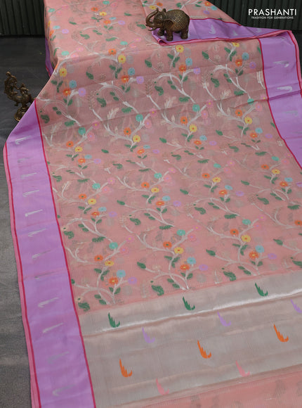 Cotton zari kota saree pale orange and lavender with allover silver & gold zari woven buttas and silver zari woven muniya butta border
